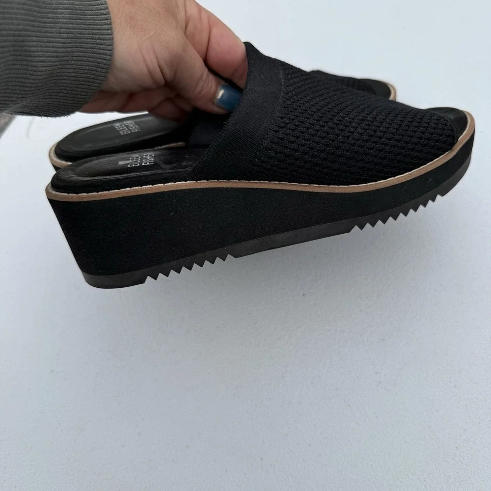 Eileen Fisher Telly Recycled Stretch Knit Wedge Sandal Sz 6‎ Slip On Black Rare